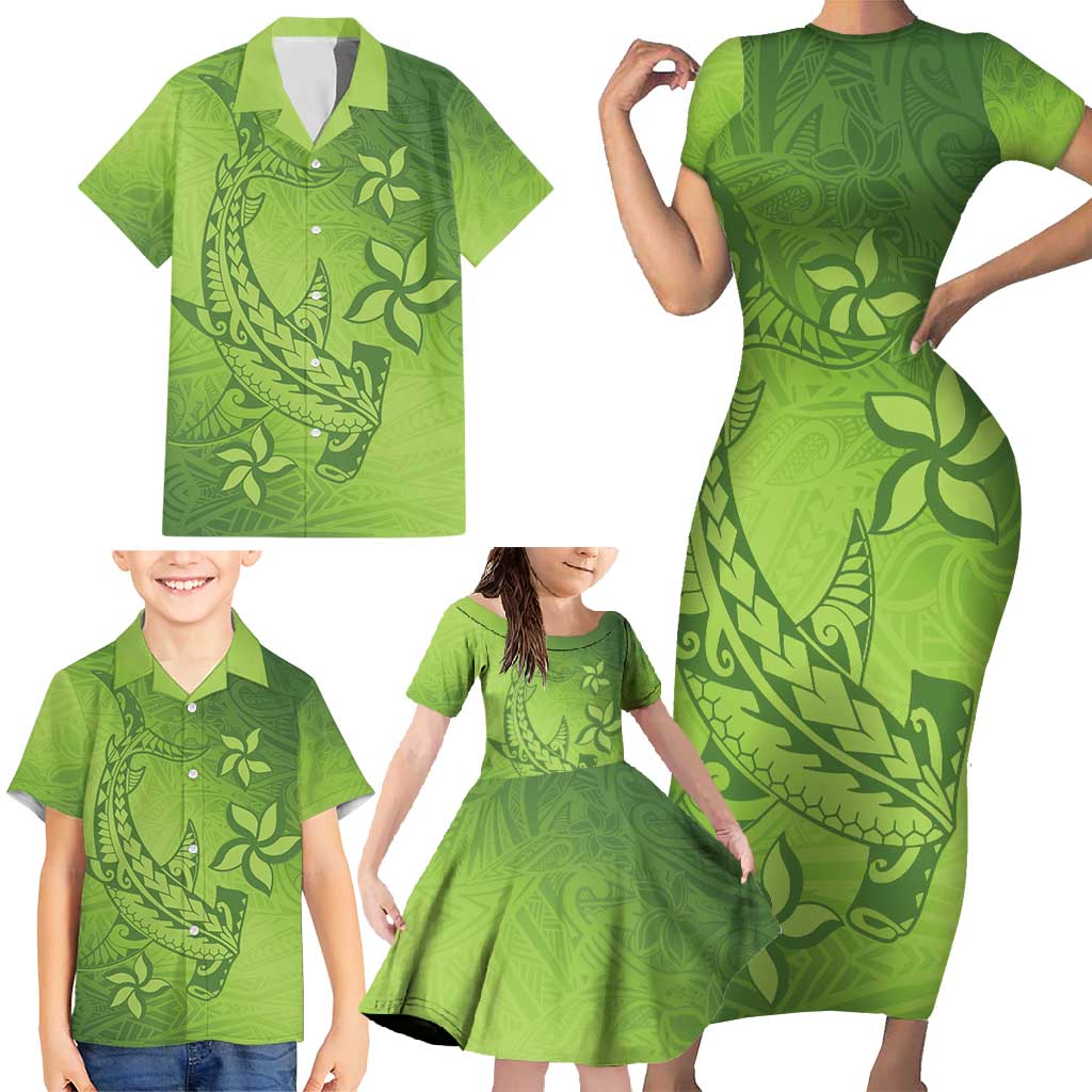 Green Gradient Polynesia Family Matching Short Sleeve Bodycon Dress and Hawaiian Shirt Hawaiian Tribal Hammerhead Shark Tattoo