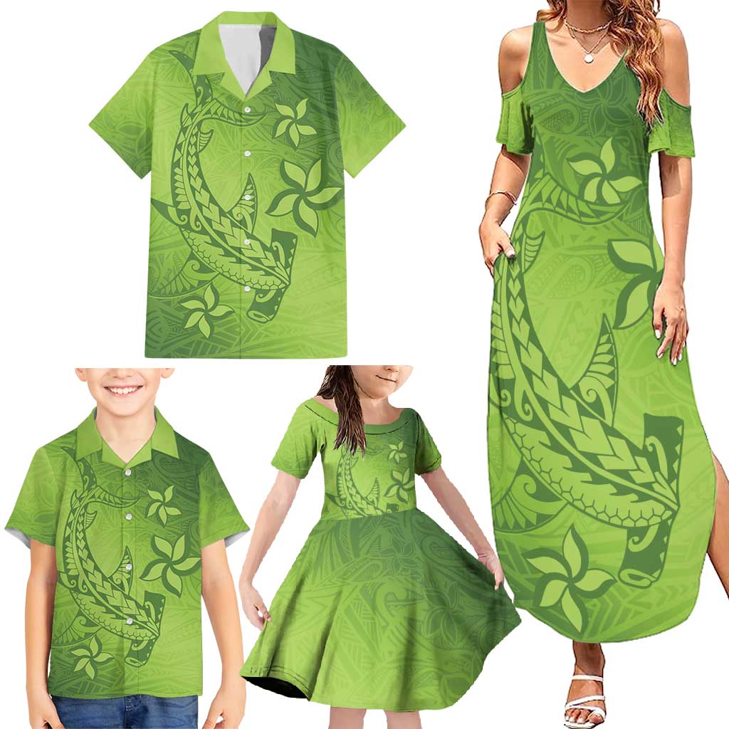 Green Gradient Polynesia Family Matching Summer Maxi Dress and Hawaiian Shirt Hawaiian Tribal Hammerhead Shark Tattoo