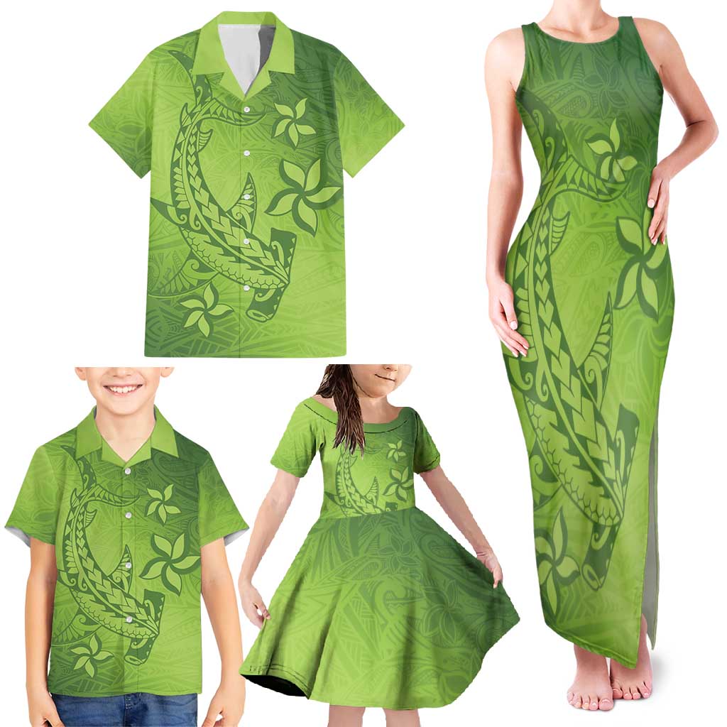 Green Gradient Polynesia Family Matching Tank Maxi Dress and Hawaiian Shirt Hawaiian Tribal Hammerhead Shark Tattoo LT14 - Polynesian Pride