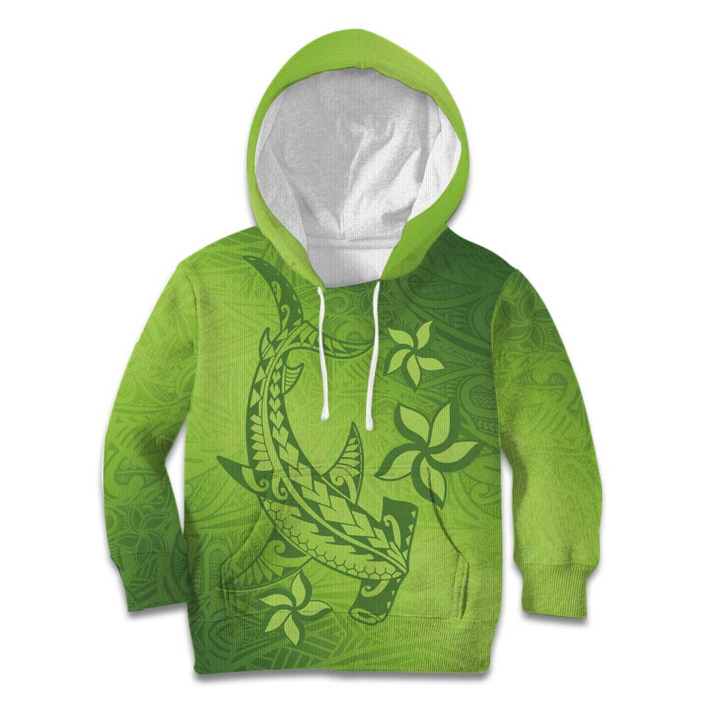 Green Gradient Polynesia Kid Hoodie Hawaiian Tribal Hammerhead Shark Tattoo
