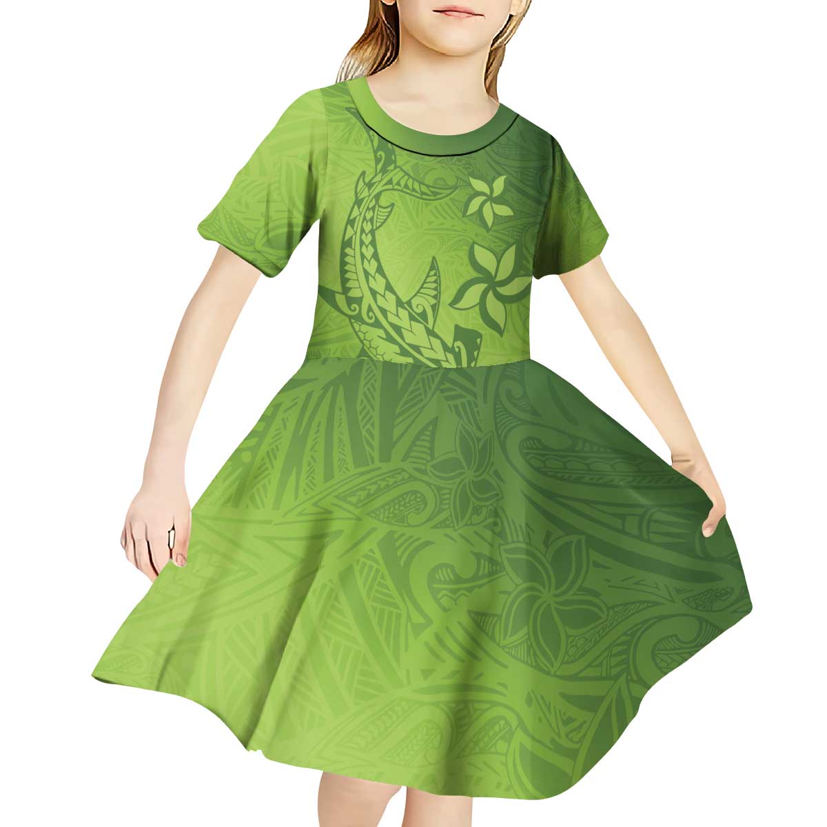 Green Gradient Polynesia Kid Short Sleeve Dress Hawaiian Tribal Hammerhead Shark Tattoo