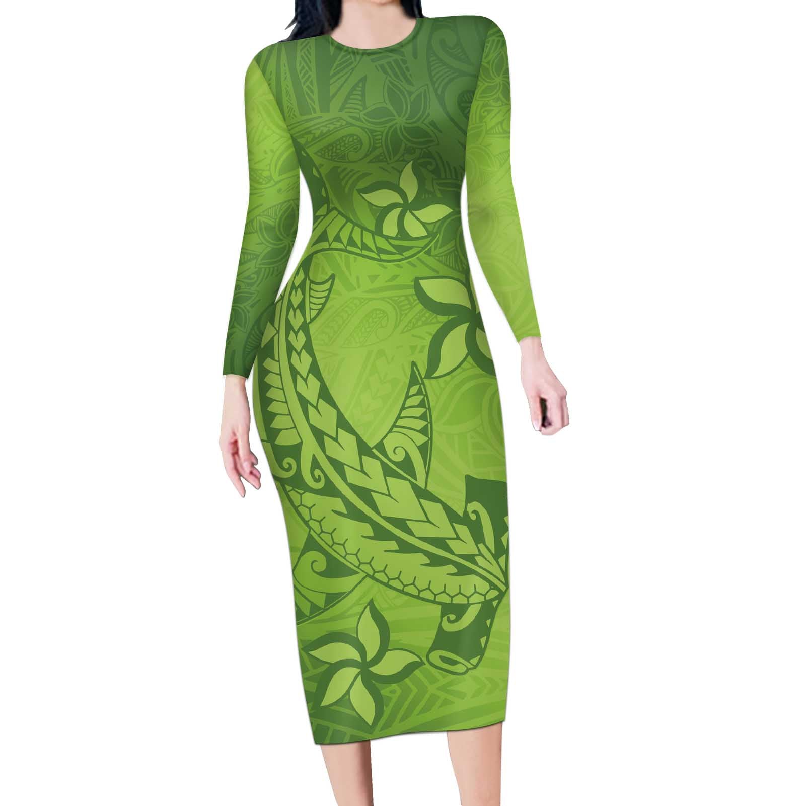 Green Gradient Polynesia Long Sleeve Bodycon Dress Hawaiian Tribal Hammerhead Shark Tattoo