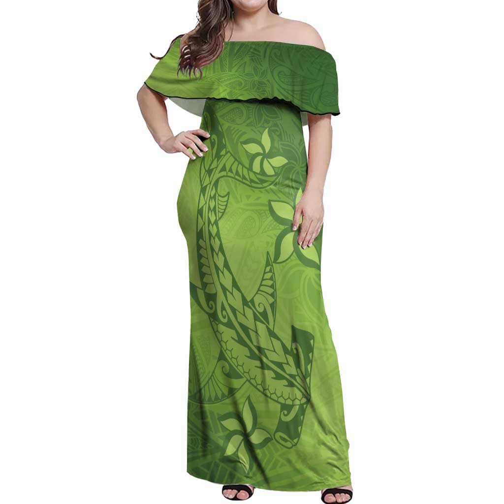 Green Gradient Polynesia Off Shoulder Maxi Dress Hawaiian Tribal Hammerhead Shark Tattoo LT14 Women Green - Polynesian Pride