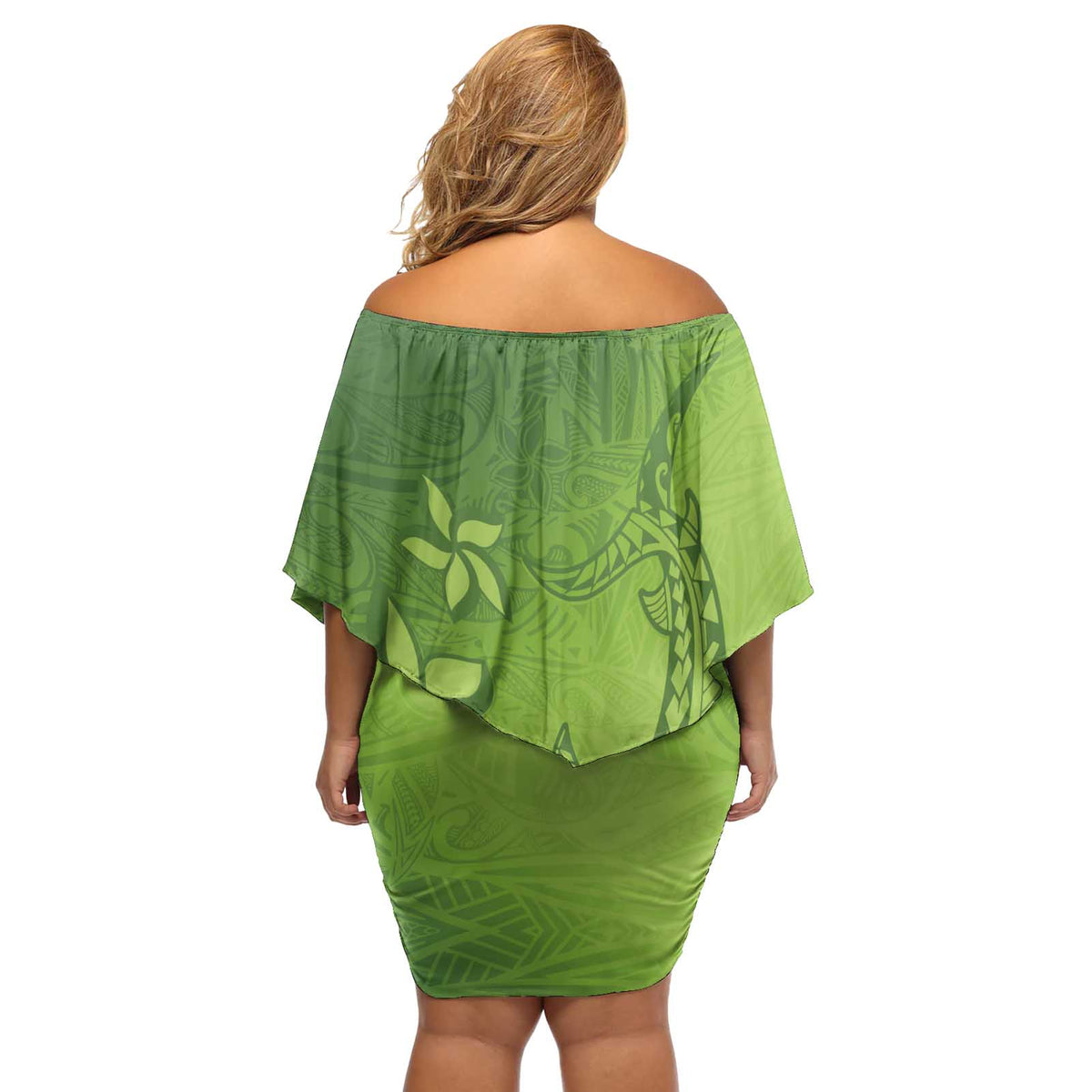 Green Gradient Polynesia Off Shoulder Short Dress Hawaiian Tribal Hammerhead Shark Tattoo LT14 - Polynesian Pride