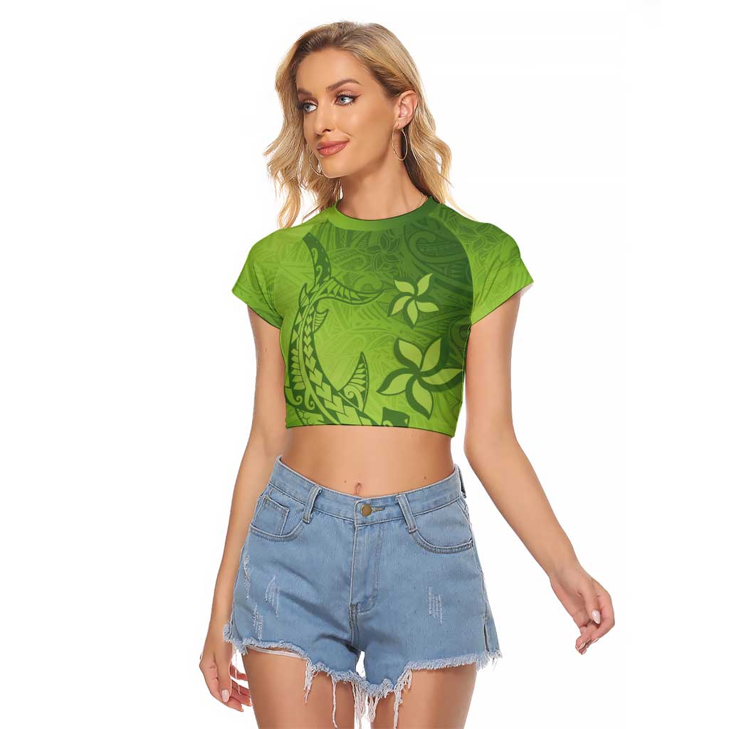Green Gradient Polynesia Raglan Cropped T Shirt Hawaiian Tribal Hammerhead Shark Tattoo