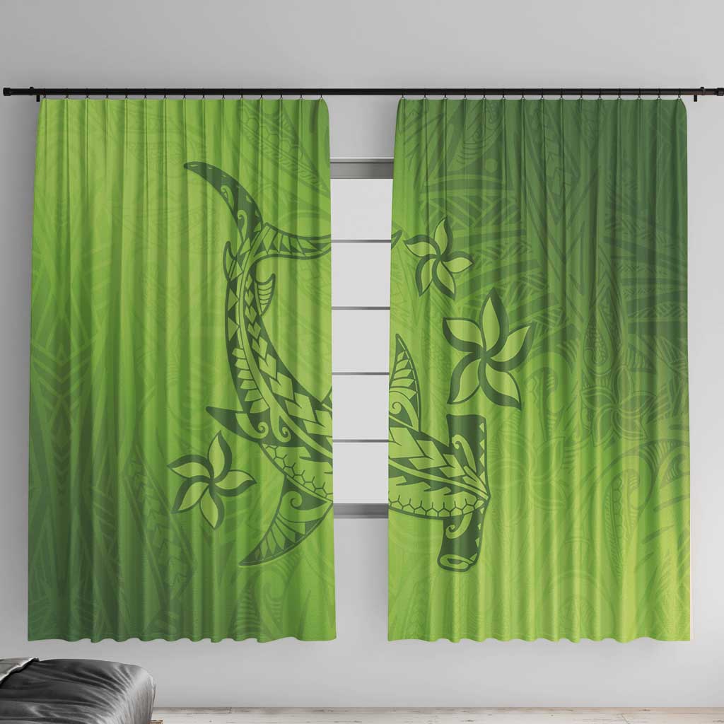 Green Gradient Polynesia Window Curtain Hawaiian Tribal Hammerhead Shark Tattoo