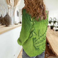 Green Gradient Polynesia Women Casual Shirt Hawaiian Tribal Hammerhead Shark Tattoo