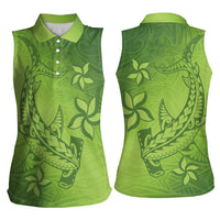 Green Gradient Polynesia Women Sleeveless Polo Shirt Hawaiian Tribal Hammerhead Shark Tattoo