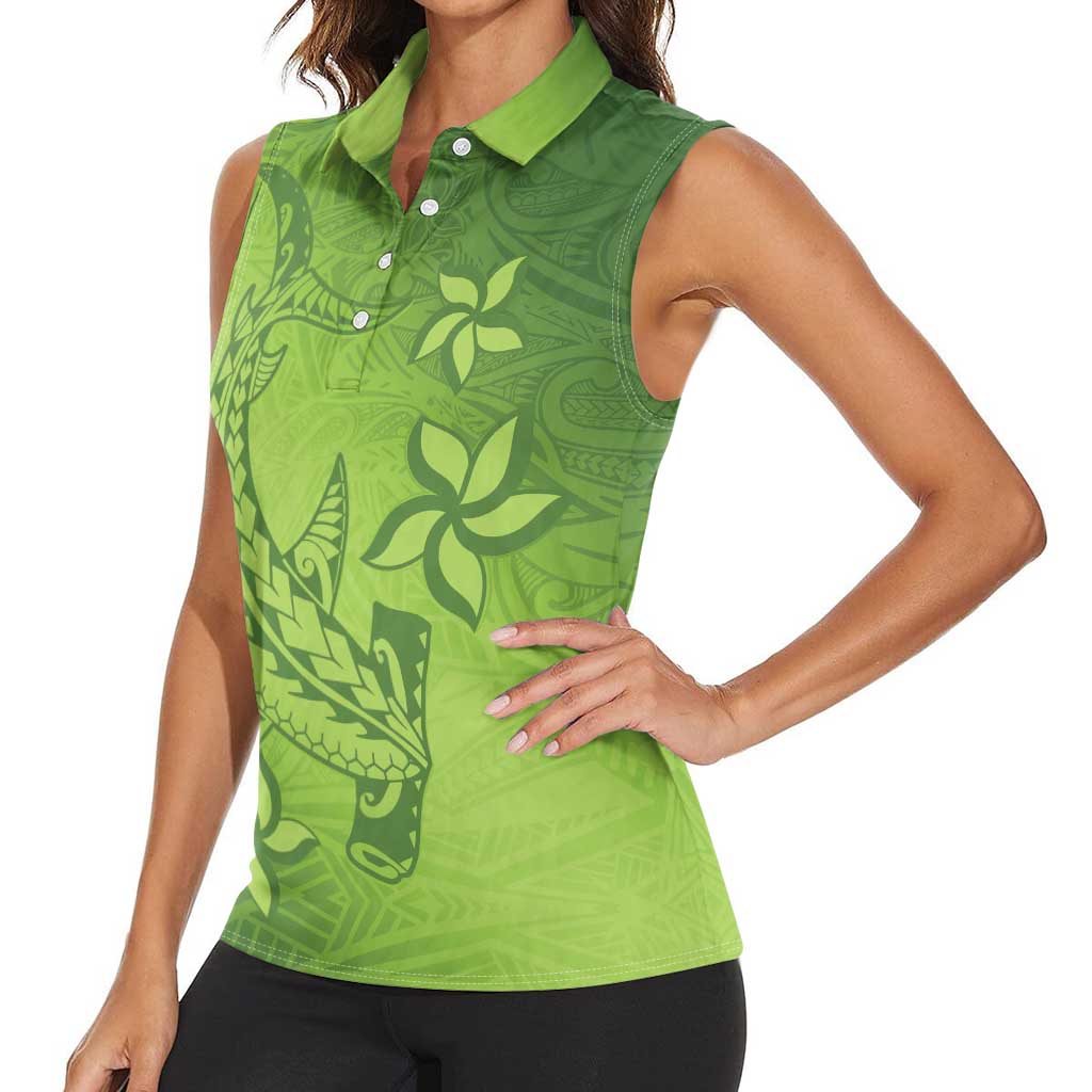 Green Gradient Polynesia Women Sleeveless Polo Shirt Hawaiian Tribal Hammerhead Shark Tattoo