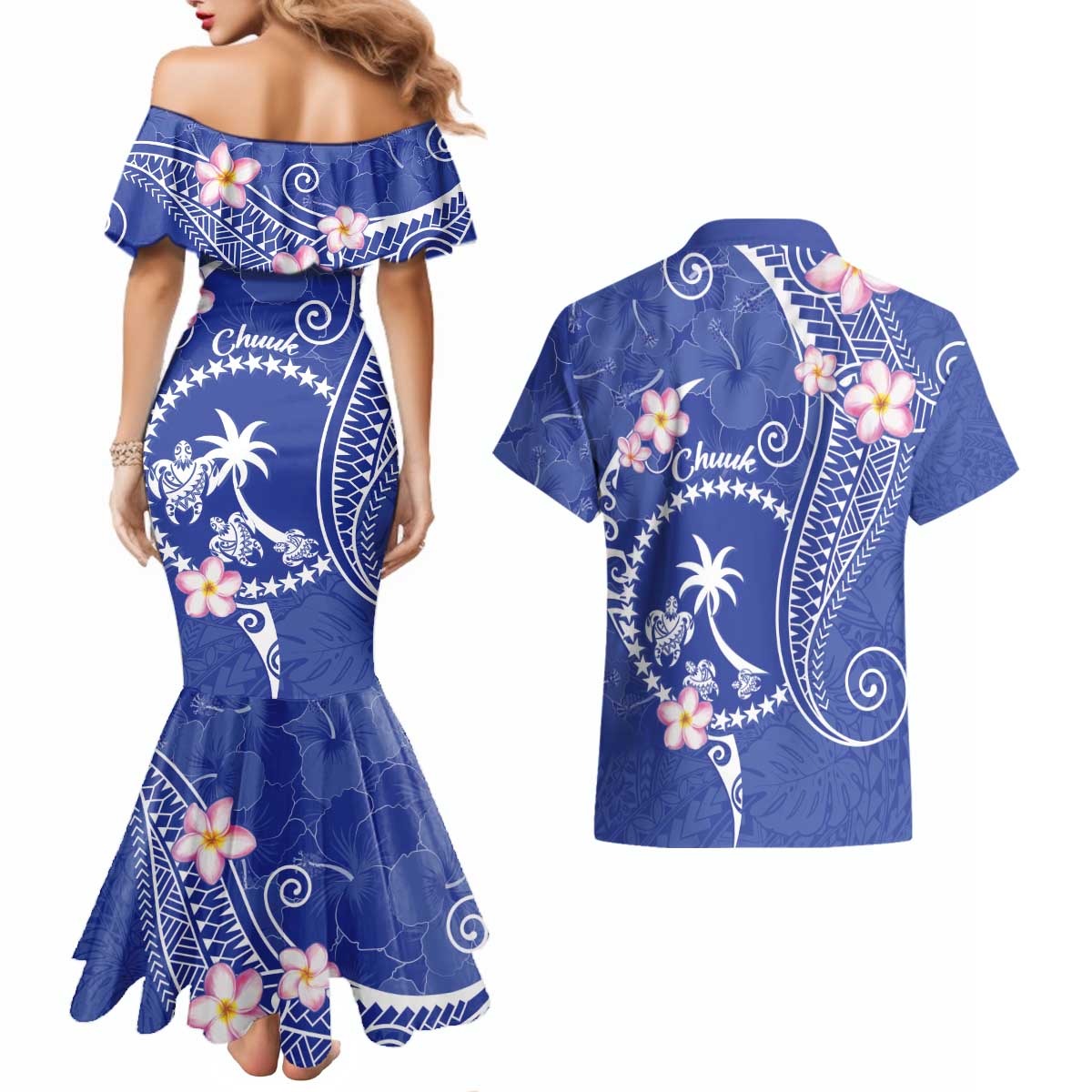FSM Chuuk Constitution Day Couples Matching Mermaid Dress and Hawaiian Shirt Frangipani Flowers Polynesian Curves Style