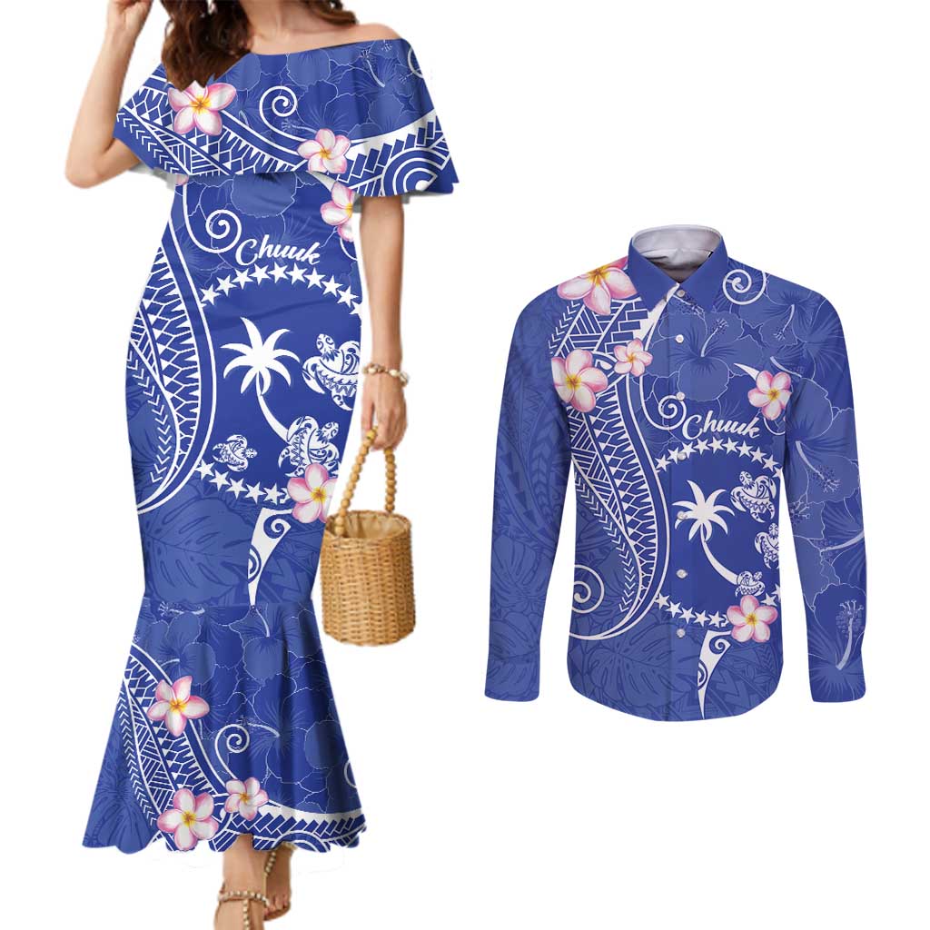 FSM Chuuk Constitution Day Couples Matching Mermaid Dress and Long Sleeve Button Shirt Frangipani Flowers Polynesian Curves Style