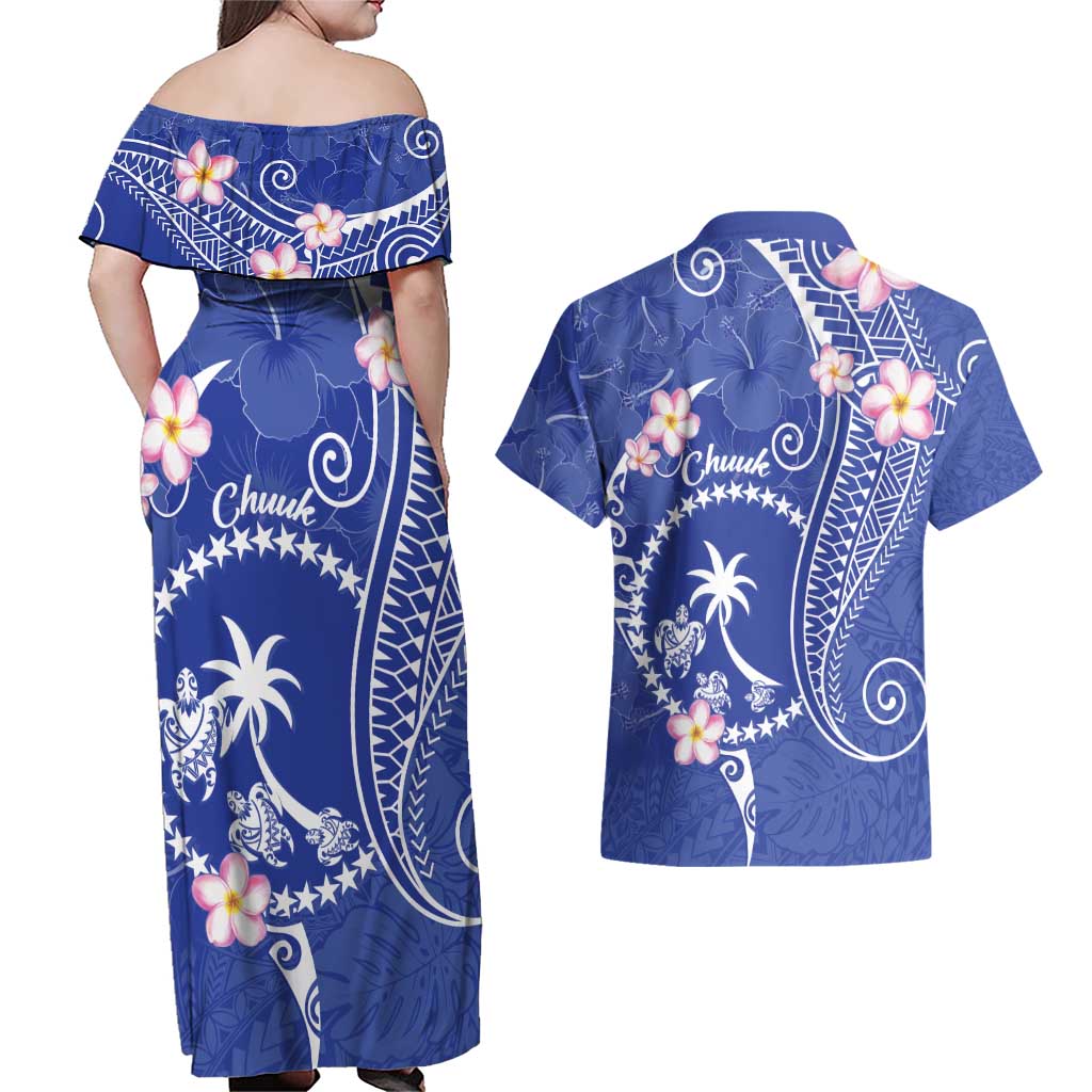 FSM Chuuk Constitution Day Couples Matching Off Shoulder Maxi Dress and Hawaiian Shirt Frangipani Flowers Polynesian Curves Style