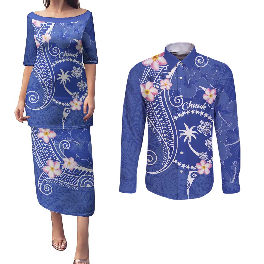 FSM Chuuk Constitution Day Couples Matching Puletasi and Long Sleeve Button Shirt Frangipani Flowers Polynesian Curves Style