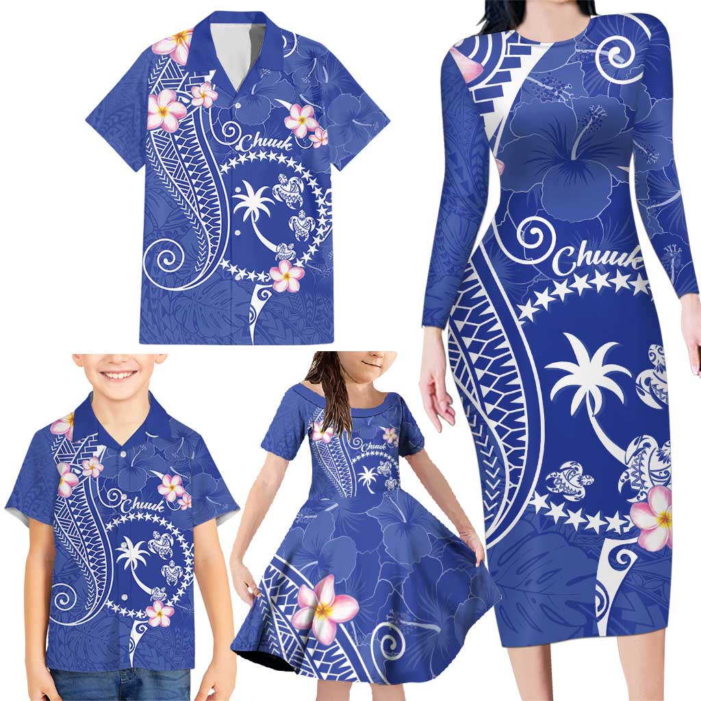 FSM Chuuk Constitution Day Family Matching Long Sleeve Bodycon Dress and Hawaiian Shirt Frangipani Flowers Polynesian Curves Style