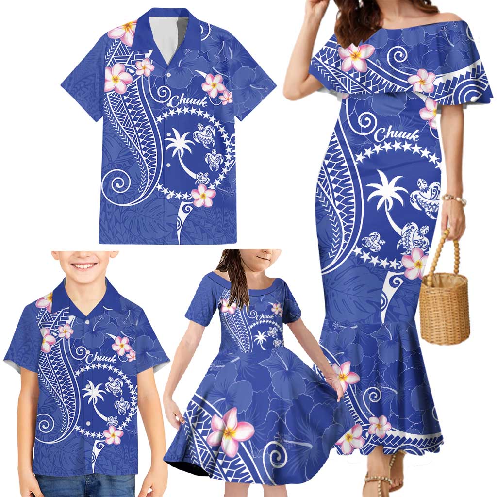 FSM Chuuk Constitution Day Family Matching Mermaid Dress and Hawaiian Shirt Frangipani Flowers Polynesian Curves Style