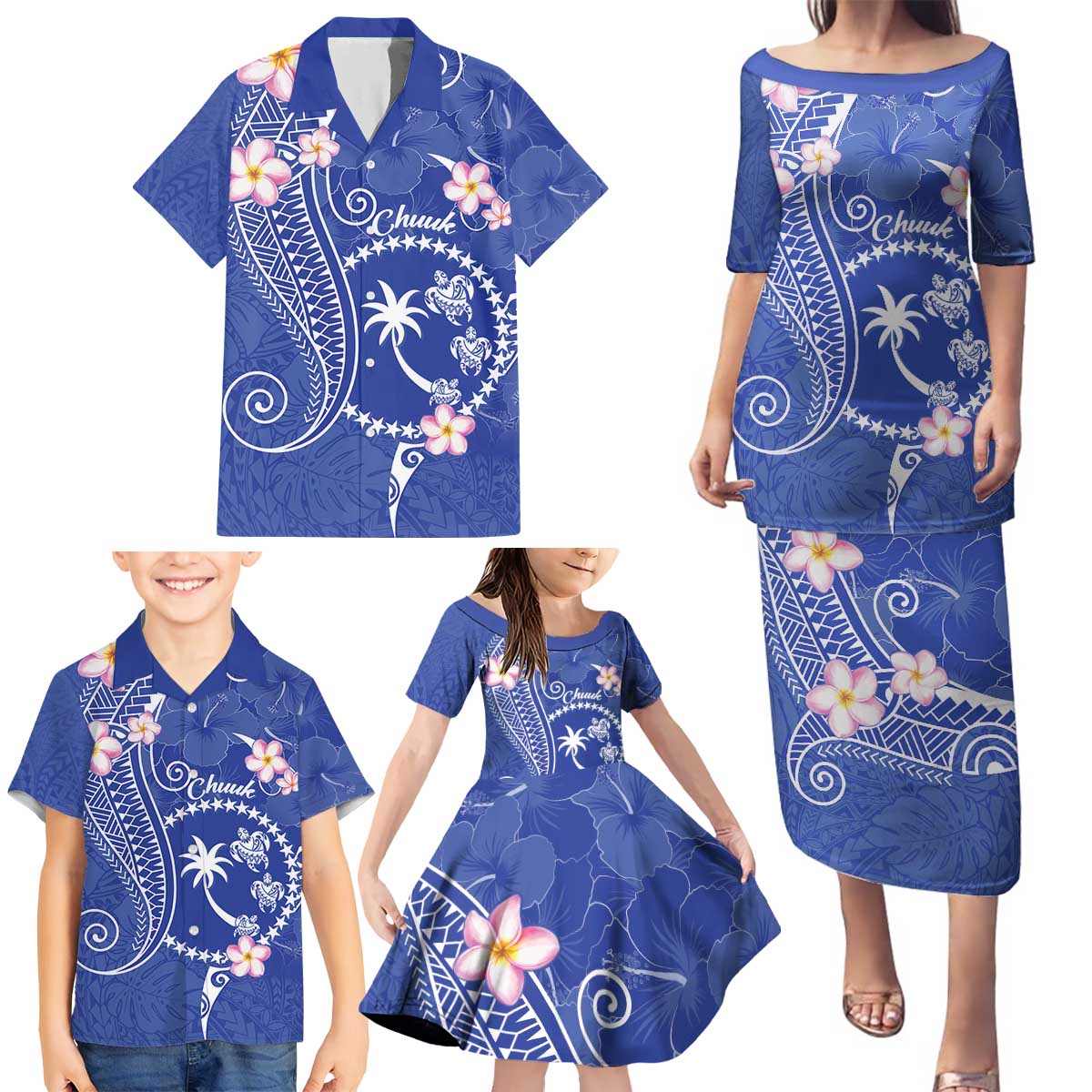 FSM Chuuk Constitution Day Family Matching Puletasi and Hawaiian Shirt Frangipani Flowers Polynesian Curves Style