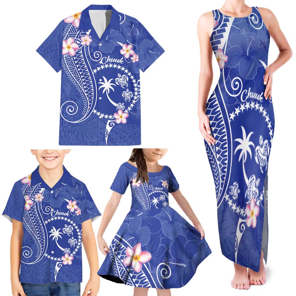 FSM Chuuk Constitution Day Family Matching Tank Maxi Dress and Hawaiian Shirt Frangipani Flowers Polynesian Curves Style