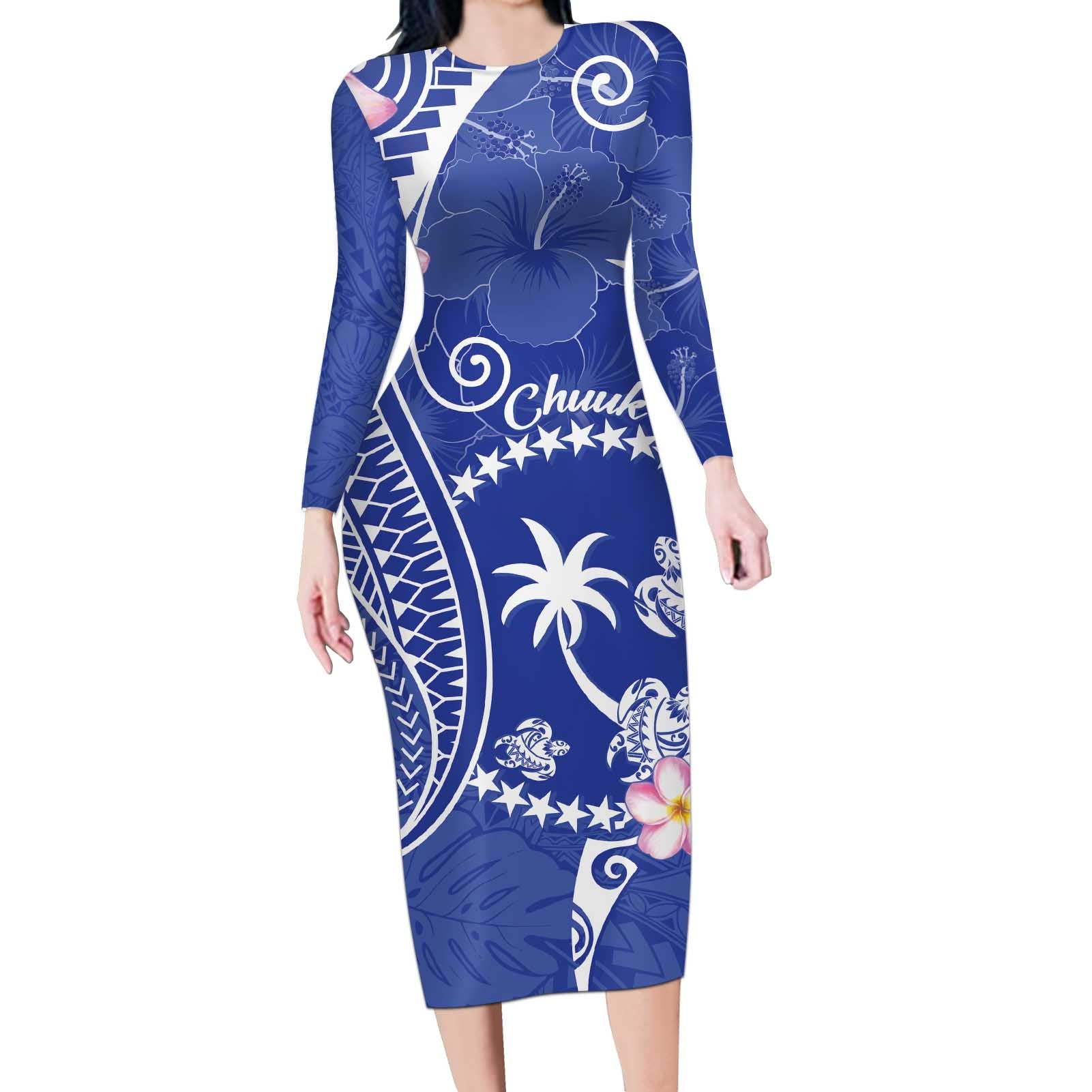 FSM Chuuk Constitution Day Long Sleeve Bodycon Dress Frangipani Flowers Polynesian Curves Style