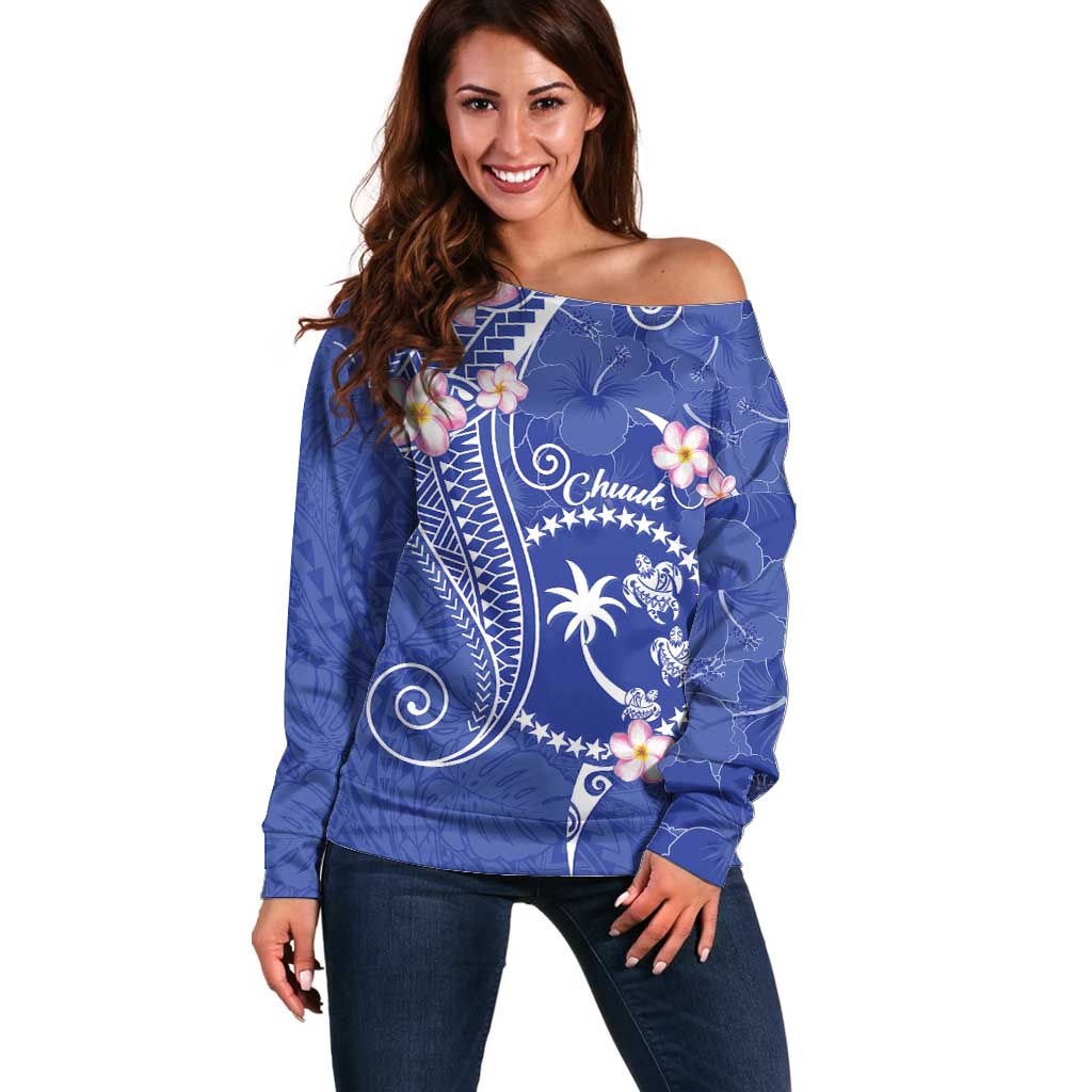 FSM Chuuk Constitution Day Off Shoulder Sweater Frangipani Flowers Polynesian Curves Style