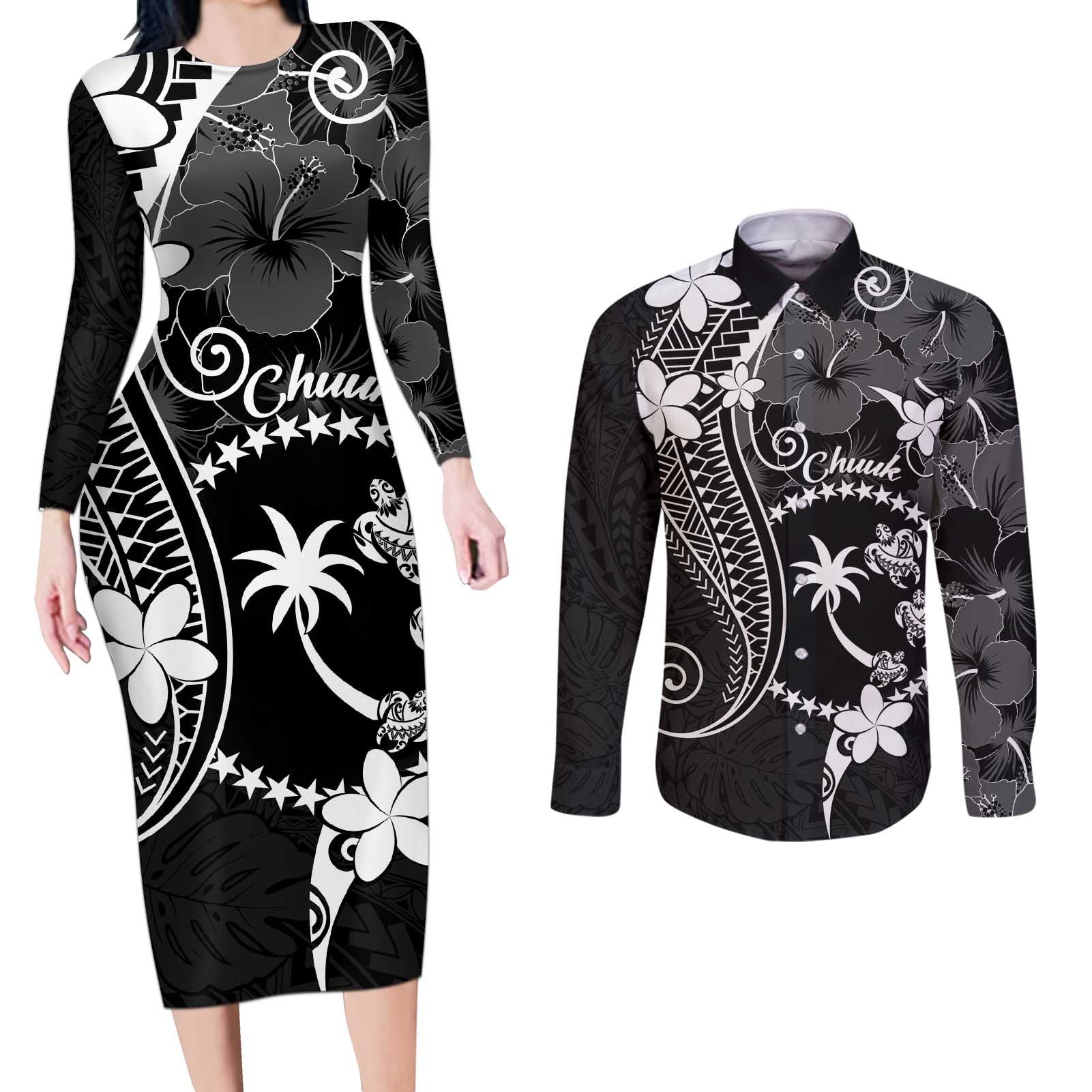 FSM Chuuk Couples Matching Long Sleeve Bodycon Dress and Long Sleeve Button Shirt Turtle Tropical Flowers Polynesian - Black