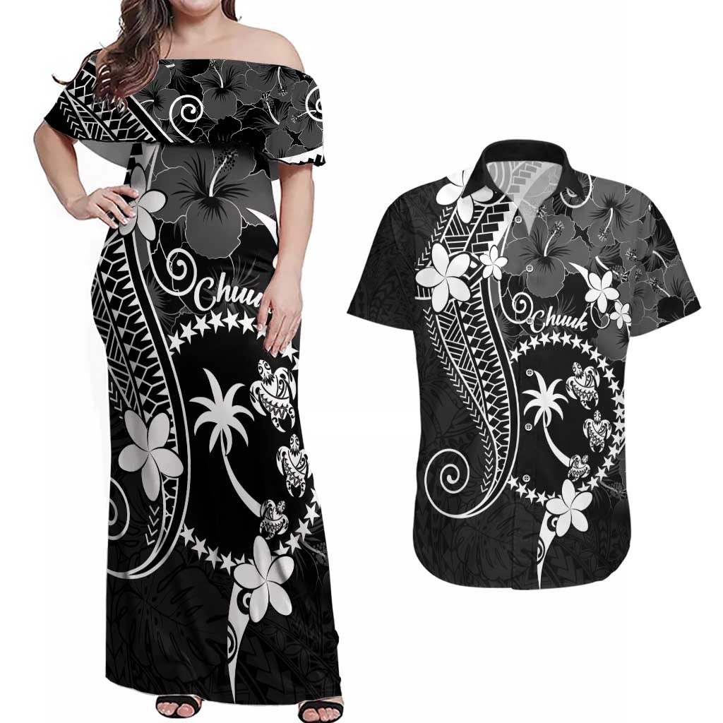 FSM Chuuk Couples Matching Off Shoulder Maxi Dress and Hawaiian Shirt Turtle Tropical Flowers Polynesian - Black