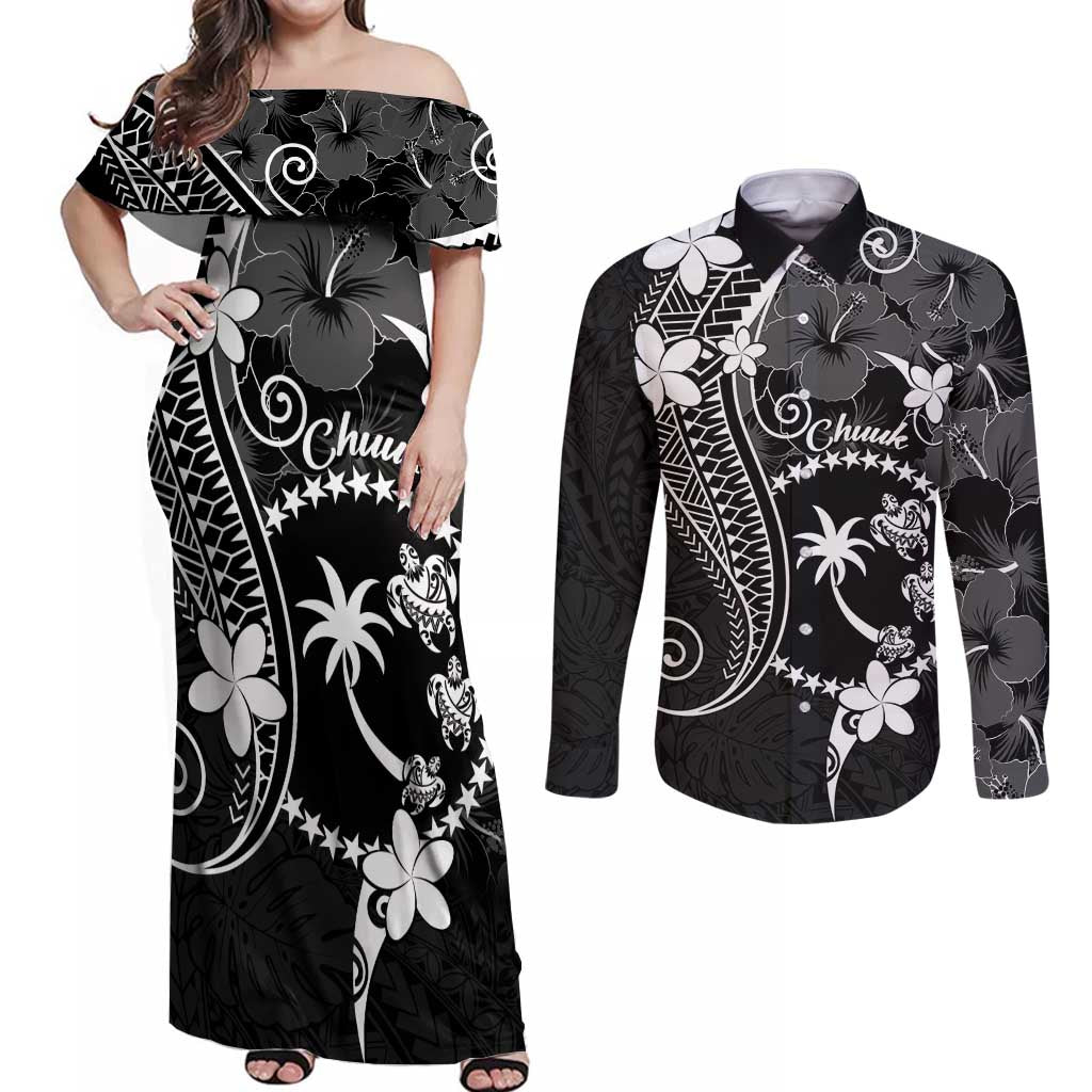 FSM Chuuk Couples Matching Off Shoulder Maxi Dress and Long Sleeve Button Shirt Turtle Tropical Flowers Polynesian - Black