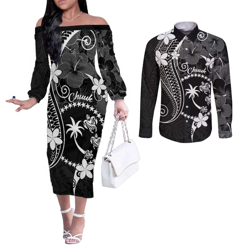 FSM Chuuk Couples Matching Off The Shoulder Long Sleeve Dress and Long Sleeve Button Shirt Turtle Tropical Flowers Polynesian - Black