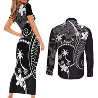 FSM Chuuk Couples Matching Short Sleeve Bodycon Dress and Long Sleeve Button Shirt Turtle Tropical Flowers Polynesian - Black
