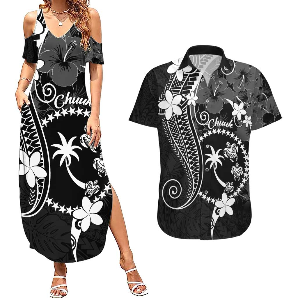 FSM Chuuk Couples Matching Summer Maxi Dress and Hawaiian Shirt Turtle Tropical Flowers Polynesian - Black