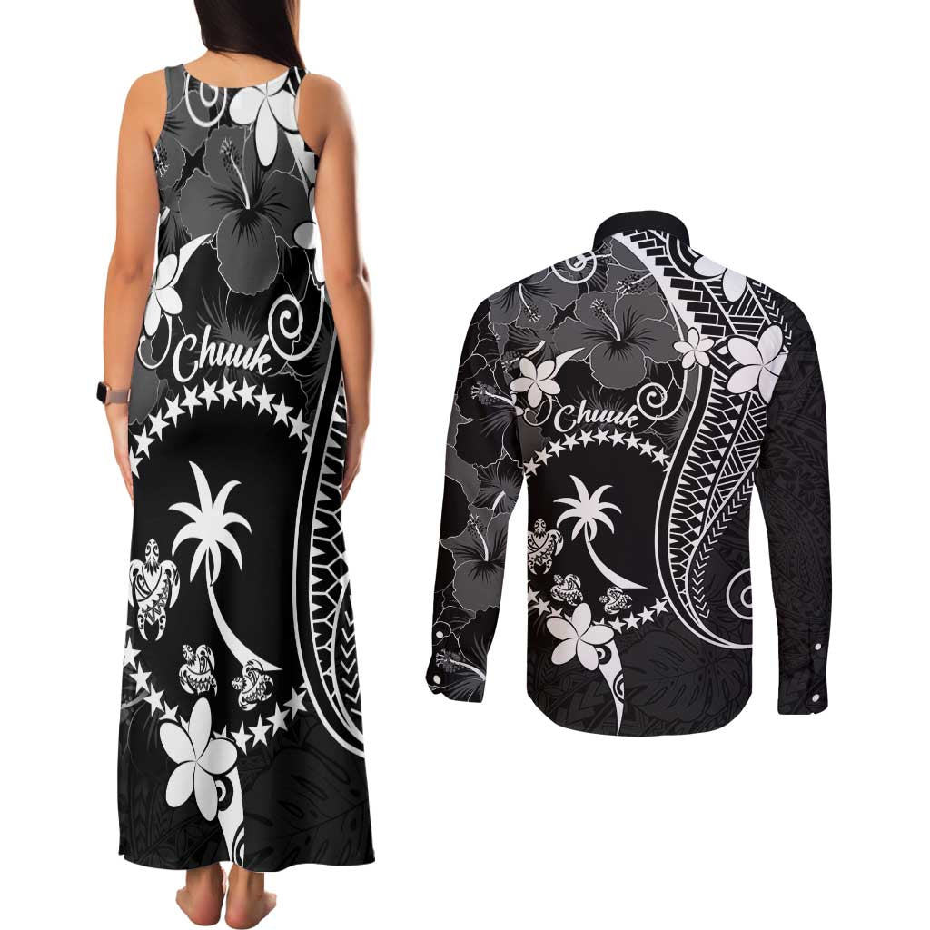 FSM Chuuk Couples Matching Tank Maxi Dress and Long Sleeve Button Shirt Turtle Tropical Flowers Polynesian - Black
