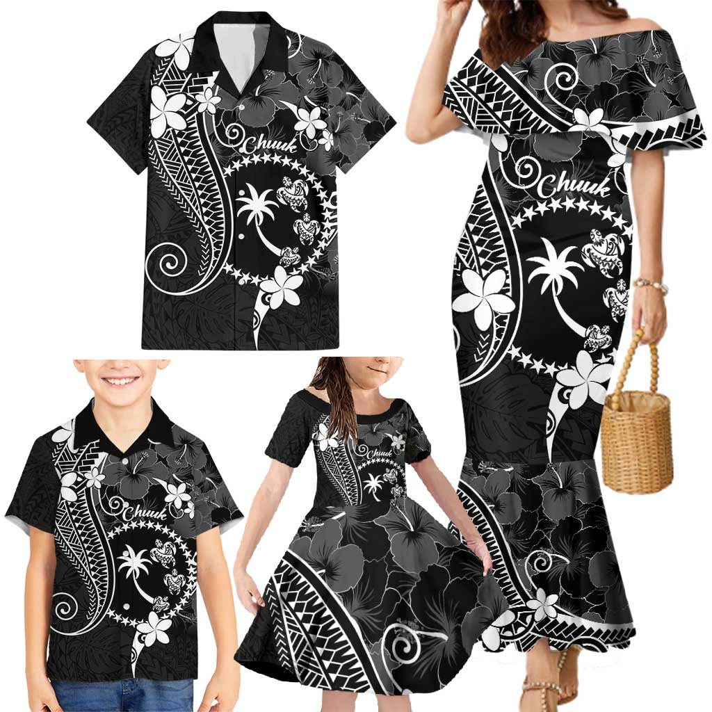 FSM Chuuk Family Matching Mermaid Dress and Hawaiian Shirt Turtle Tropical Flowers Polynesian - Black