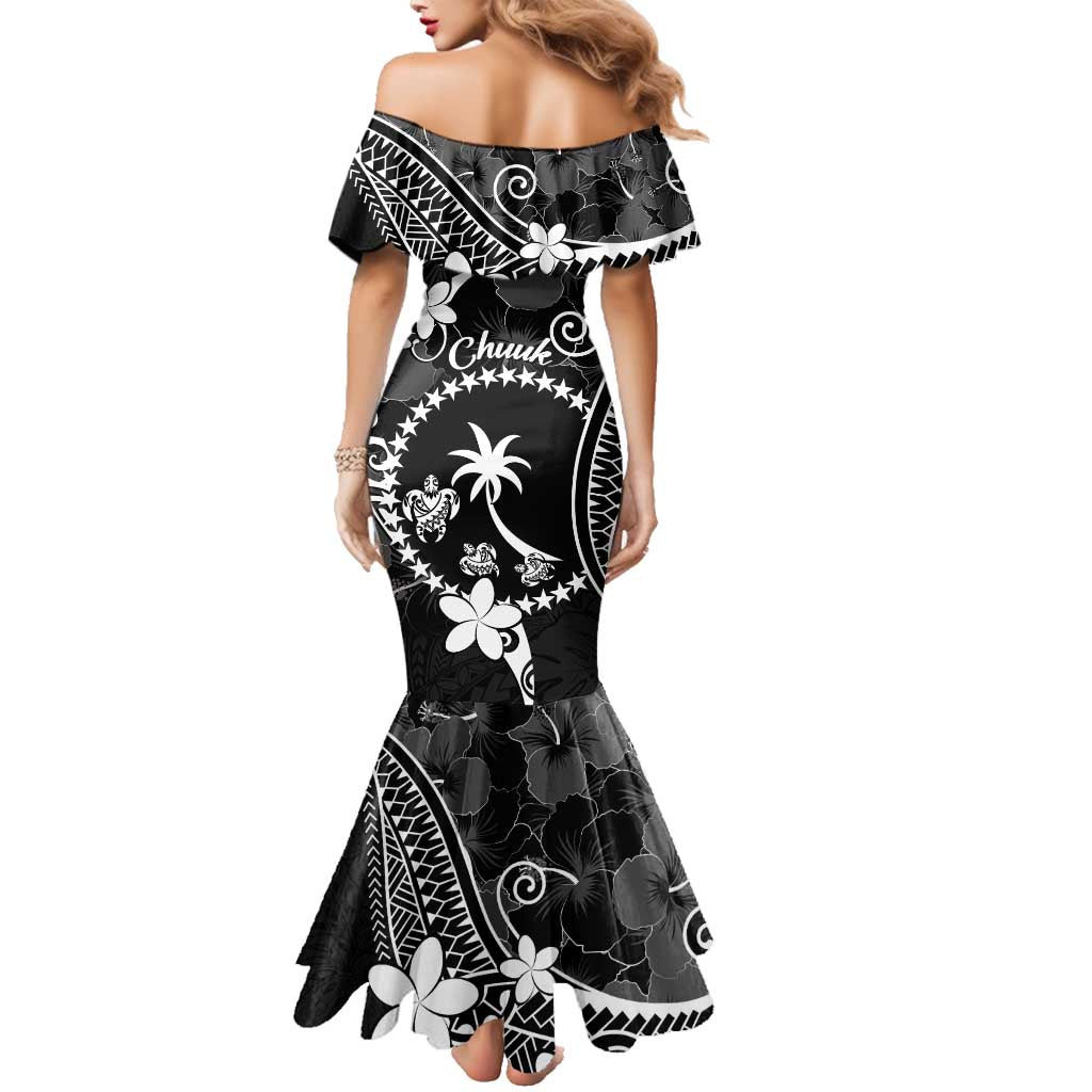 FSM Chuuk Family Matching Mermaid Dress and Hawaiian Shirt Turtle Tropical Flowers Polynesian - Black