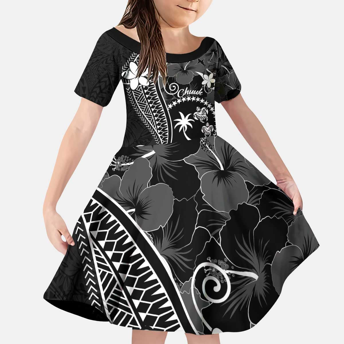 FSM Chuuk Kid Short Sleeve Dress Turtle Tropical Flowers Polynesian - Black