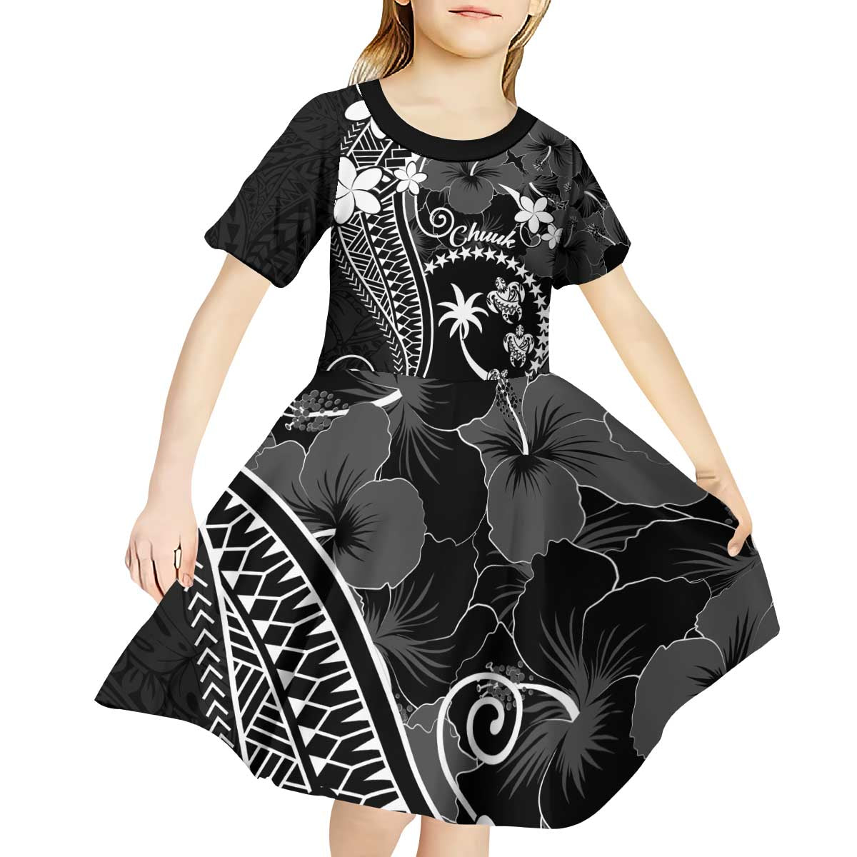 FSM Chuuk Kid Short Sleeve Dress Turtle Tropical Flowers Polynesian - Black