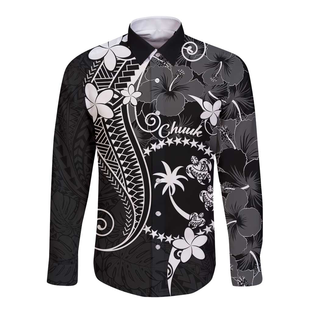 FSM Chuuk Long Sleeve Button Shirt Turtle Tropical Flowers Polynesian - Black