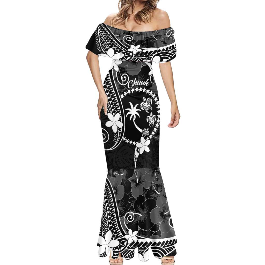 FSM Chuuk Mermaid Dress Turtle Tropical Flowers Polynesian - Black