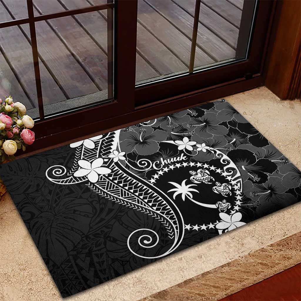 FSM Chuuk Rubber Doormat Turtle Tropical Flowers Polynesian - Black