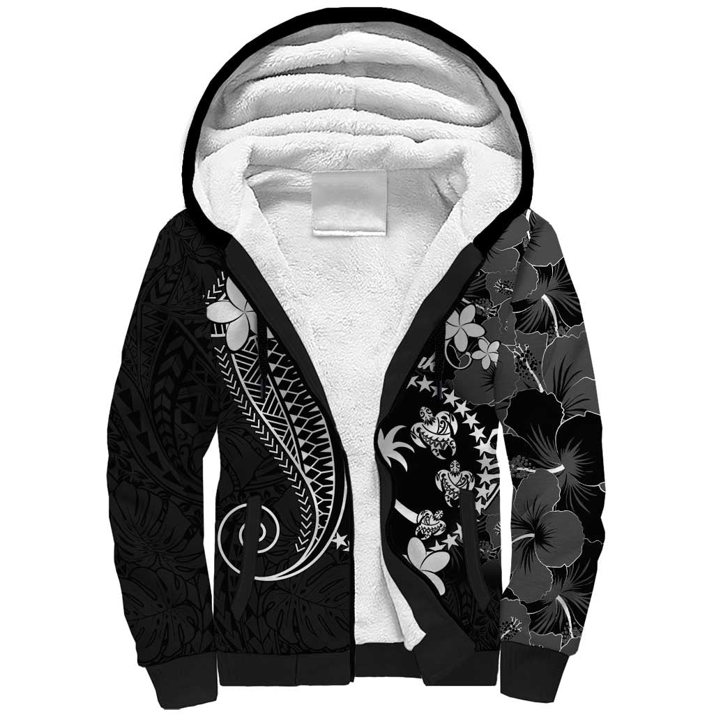 FSM Chuuk Sherpa Hoodie Turtle Tropical Flowers Polynesian - Black