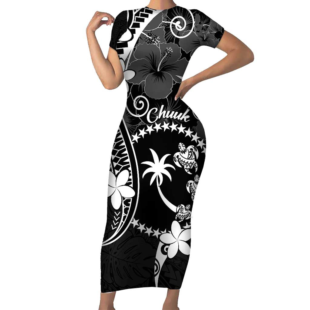 FSM Chuuk Short Sleeve Bodycon Dress Turtle Tropical Flowers Polynesian - Black