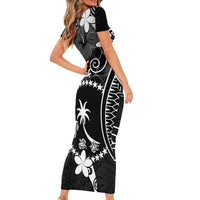 FSM Chuuk Short Sleeve Bodycon Dress Turtle Tropical Flowers Polynesian - Black