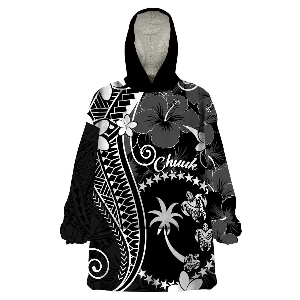 FSM Chuuk Wearable Blanket Hoodie Turtle Tropical Flowers Polynesian - Black