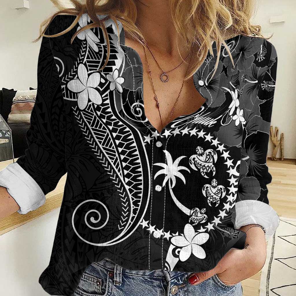 FSM Chuuk Women Casual Shirt Turtle Tropical Flowers Polynesian - Black