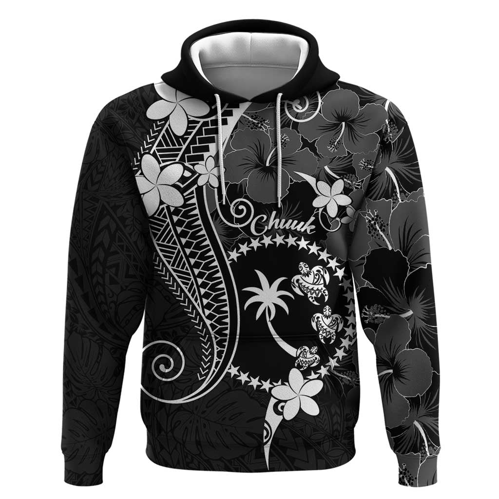 FSM Chuuk Zip Hoodie Turtle Tropical Flowers Polynesian - Black