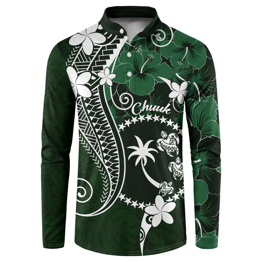 FSM Chuuk Button Sweatshirt Turtle Tropical Flowers Polynesian - Green