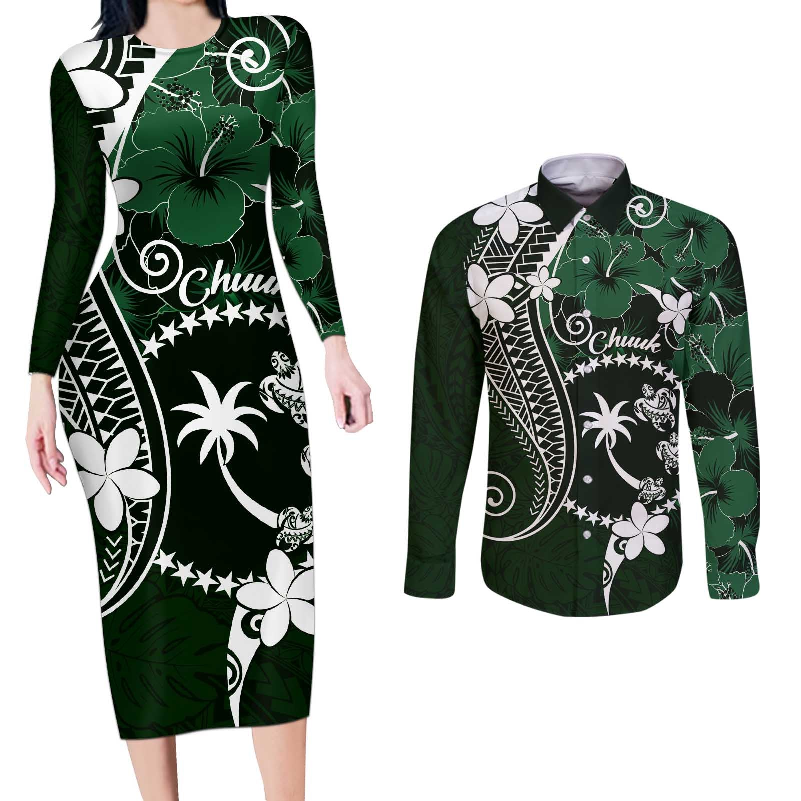 FSM Chuuk Couples Matching Long Sleeve Bodycon Dress and Long Sleeve Button Shirt Turtle Tropical Flowers Polynesian - Green