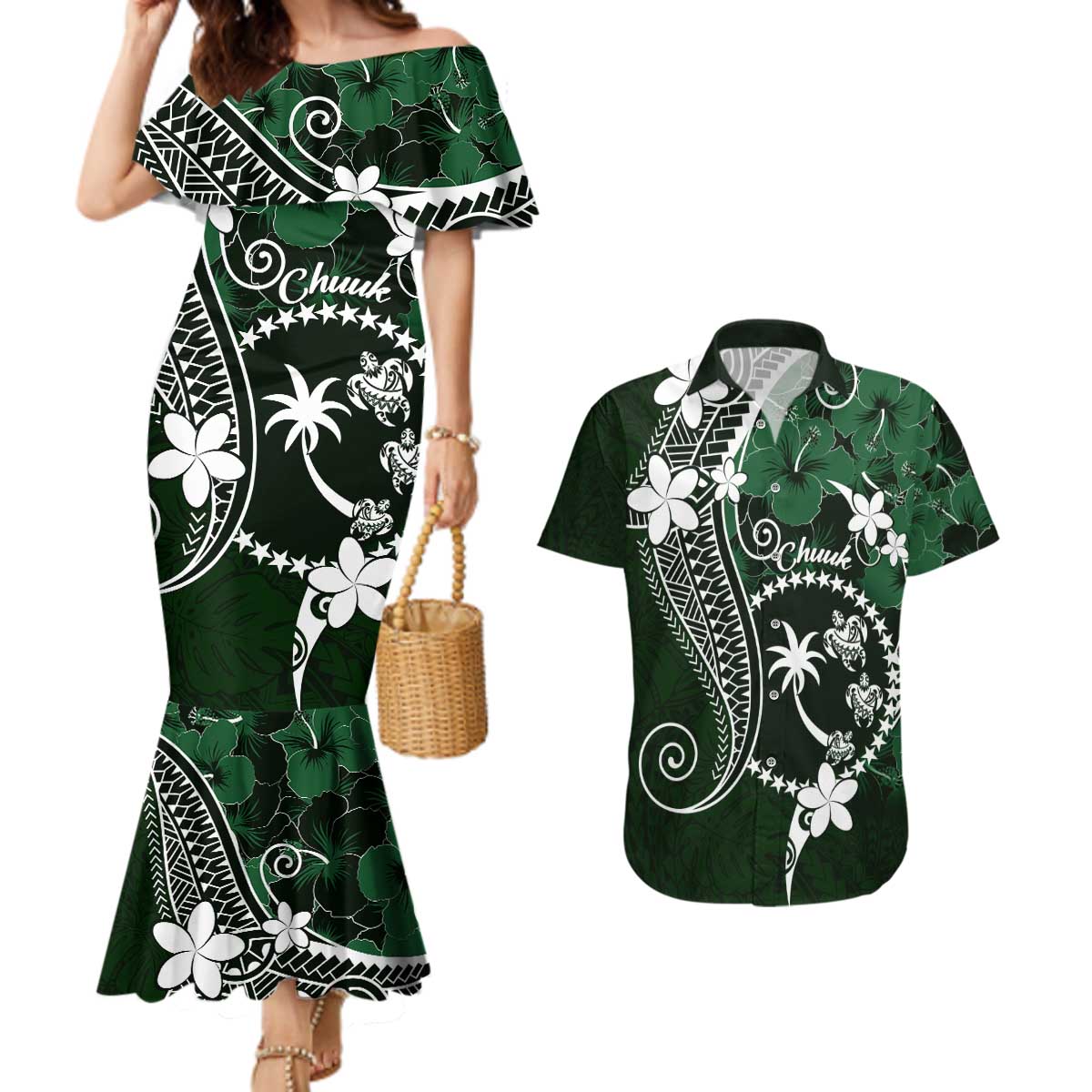 FSM Chuuk Couples Matching Mermaid Dress and Hawaiian Shirt Turtle Tropical Flowers Polynesian - Green