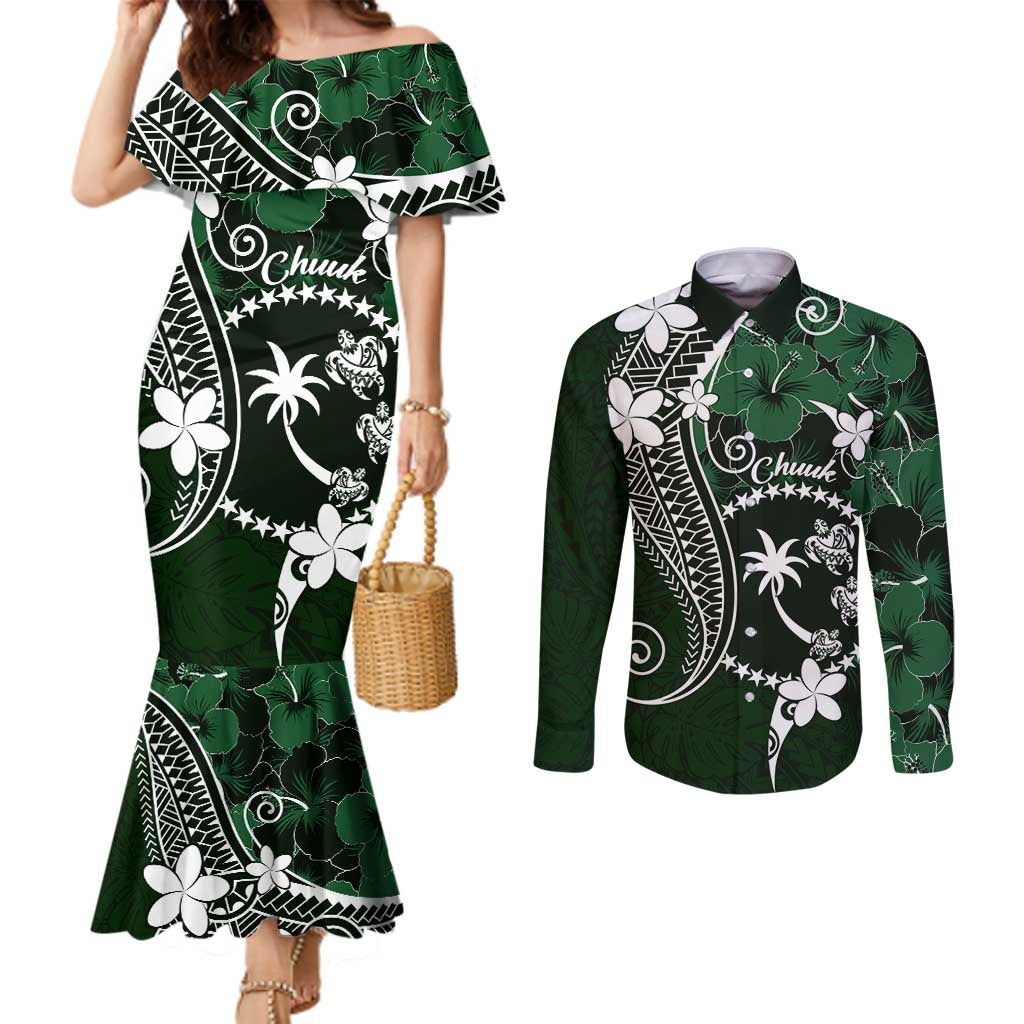 FSM Chuuk Couples Matching Mermaid Dress and Long Sleeve Button Shirt Turtle Tropical Flowers Polynesian - Green