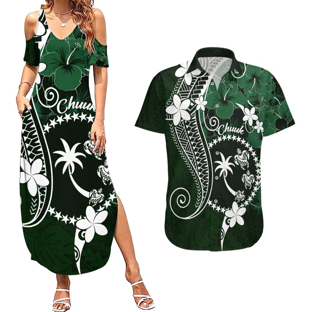 FSM Chuuk Couples Matching Summer Maxi Dress and Hawaiian Shirt Turtle Tropical Flowers Polynesian - Green