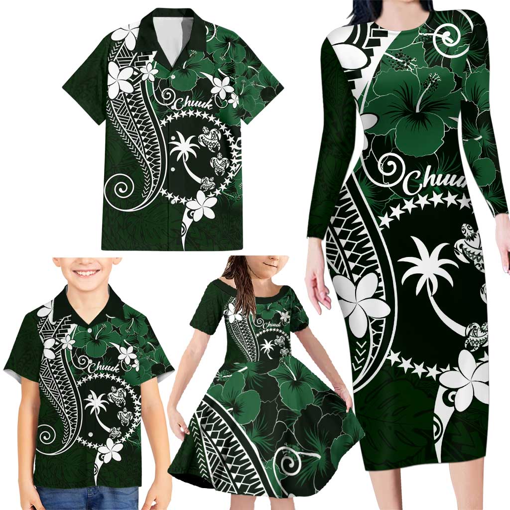 FSM Chuuk Family Matching Long Sleeve Bodycon Dress and Hawaiian Shirt Turtle Tropical Flowers Polynesian - Green