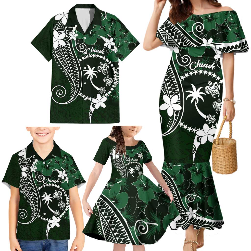 FSM Chuuk Family Matching Mermaid Dress and Hawaiian Shirt Turtle Tropical Flowers Polynesian - Green